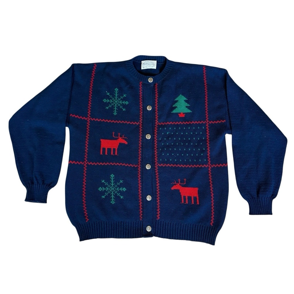 PENDLETON 100% Wool Cardigan Women's Holiday Christmas Reindeer Tree Snow Large